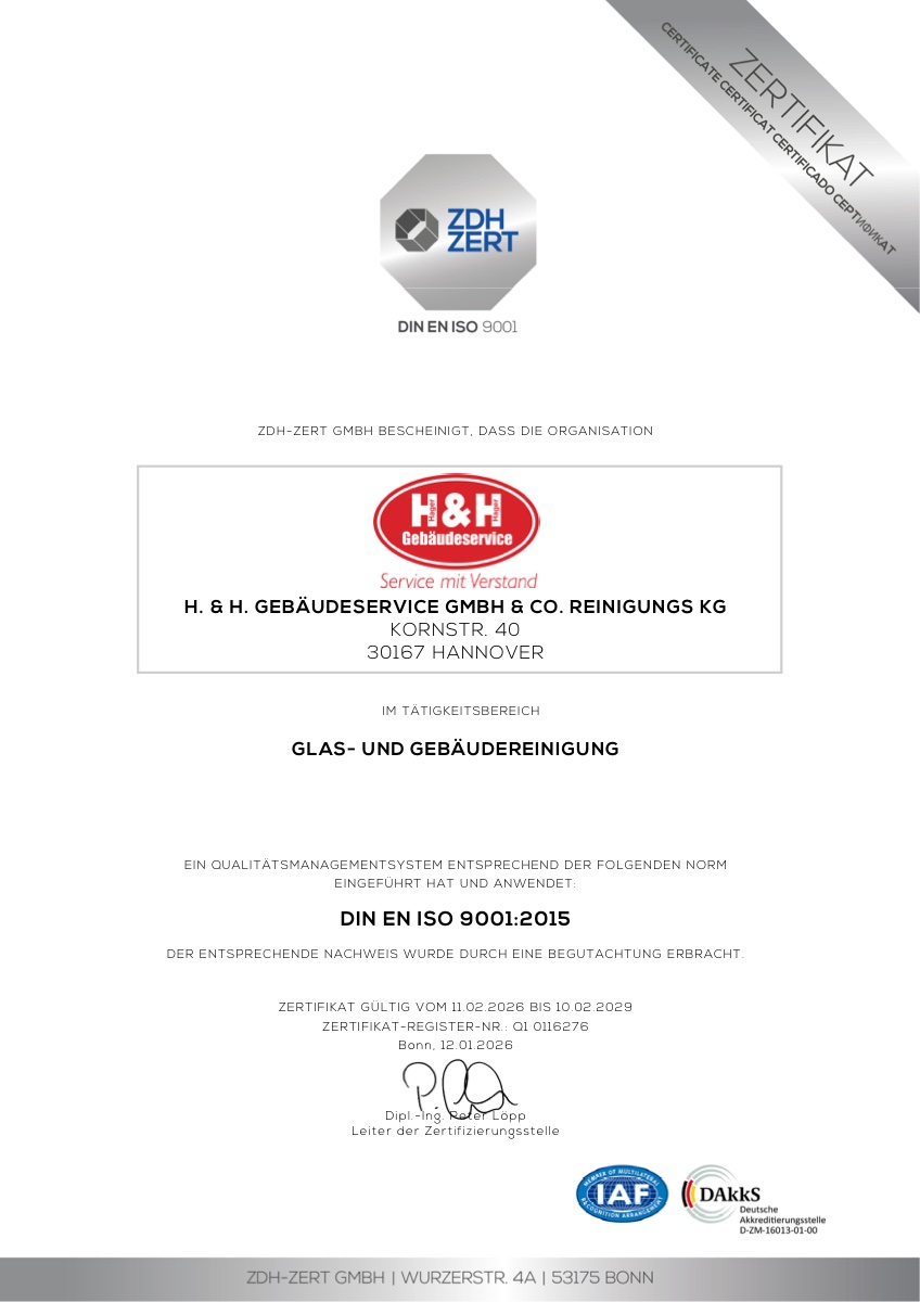 Zertifikat DIN EN ISO 9001:2015, ausgestellt von ZDH-ZERT für H. & H. Gebäudeservice